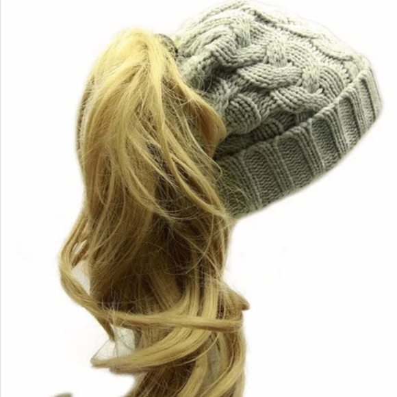 Accessories - Heather grey cable knit Ponytail Beanie